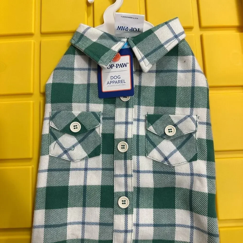 Top Paw Green and Blue Shacket Plaid Dog Shirt - S